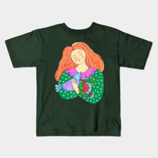 Girl Bird Flowers Kids T-Shirt